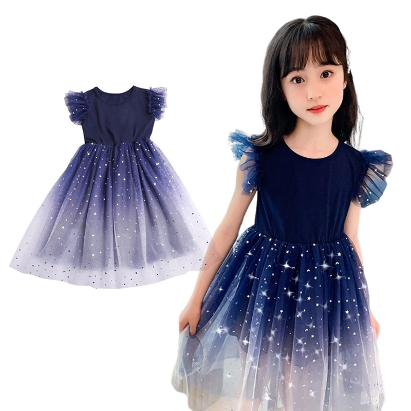 

2024 Summer Girl Starry Dress Kids Princess Sleeveless Mesh Lace Gradient Dresses Children Birthday Party Clothes Outfit 4-8Y