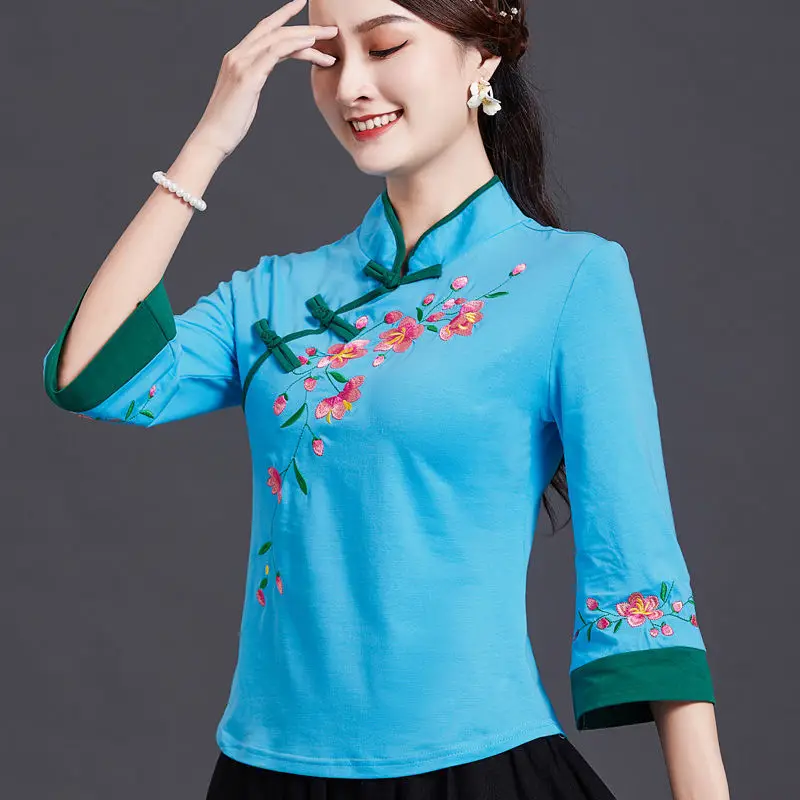 Traditional Embroidery Chinese Clothing For Women Tang Chinese Style Shirt Female Short Sleeve Summer Cheongsam Top Hanfu