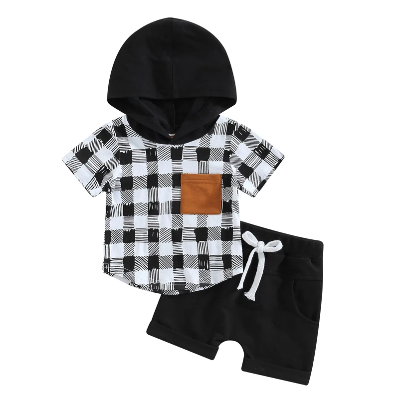 

Baby Boy Clothes Sets Summer Newborn Short Sleeve Hooded Plaid Print Loose Shirt Tops+ Drawstring Pants with Pockets Tracksuit