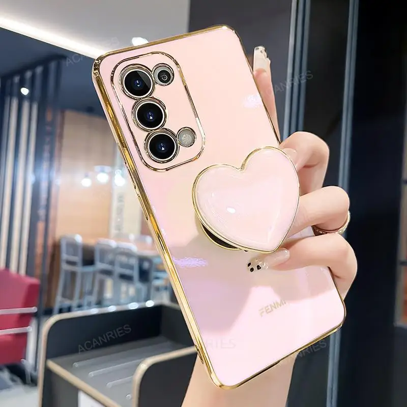 Luxury Plating Love Heart Silicone Phone Case with Foldable Holder