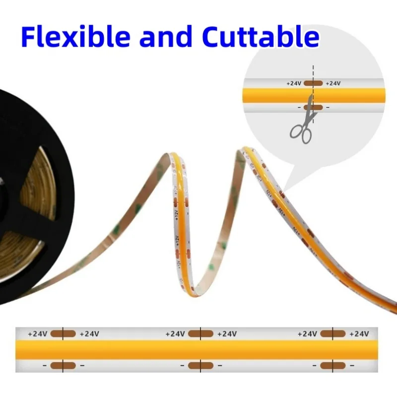 COB LED Strip DC12V 24V 10mm Width Cuttable 480LEDs/M CRI90+ Flexible High Brightness Backlight Tape for Room