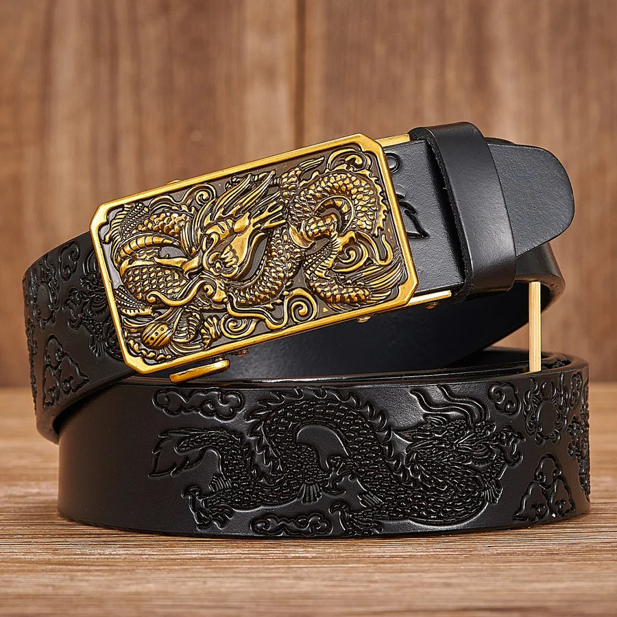 Male Genuine Leather Belts Casual Ratchet Belt with Automatic Buckle Luxury Design Dragon Pattern Belts for Business Men Strap