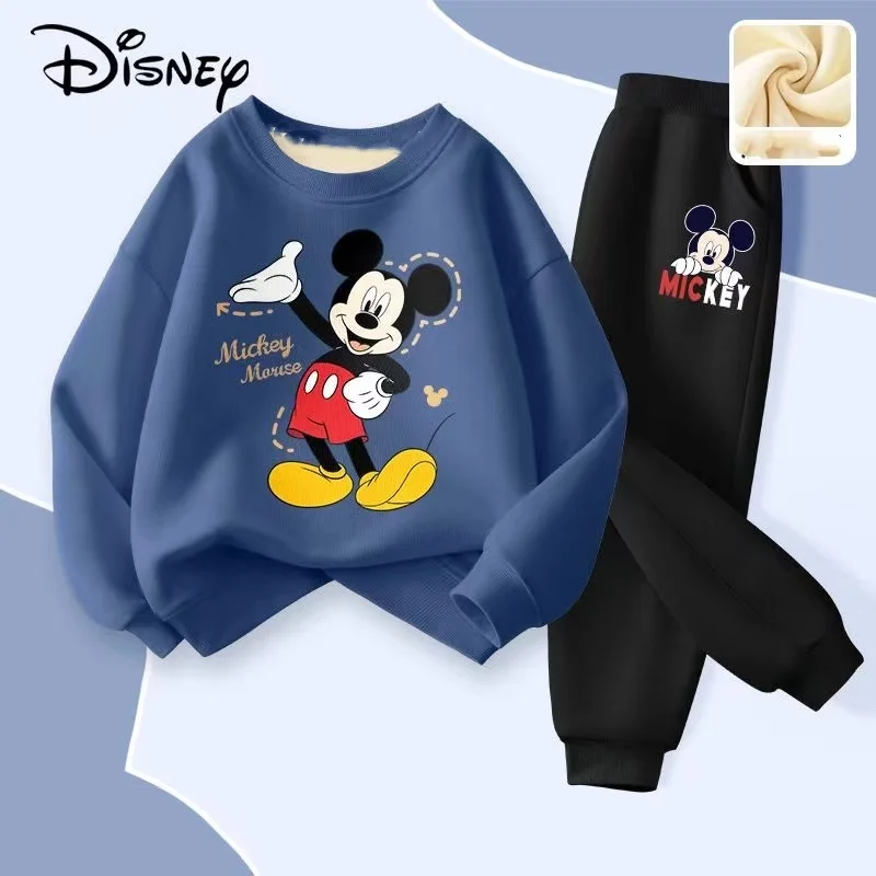 Winter Baby Girl Clothes Set Kid Boy Disney Mickey Sweatshirts Pullover & Pants 2pcs Suit Children Long Sleeve Plush Warm Suit 3