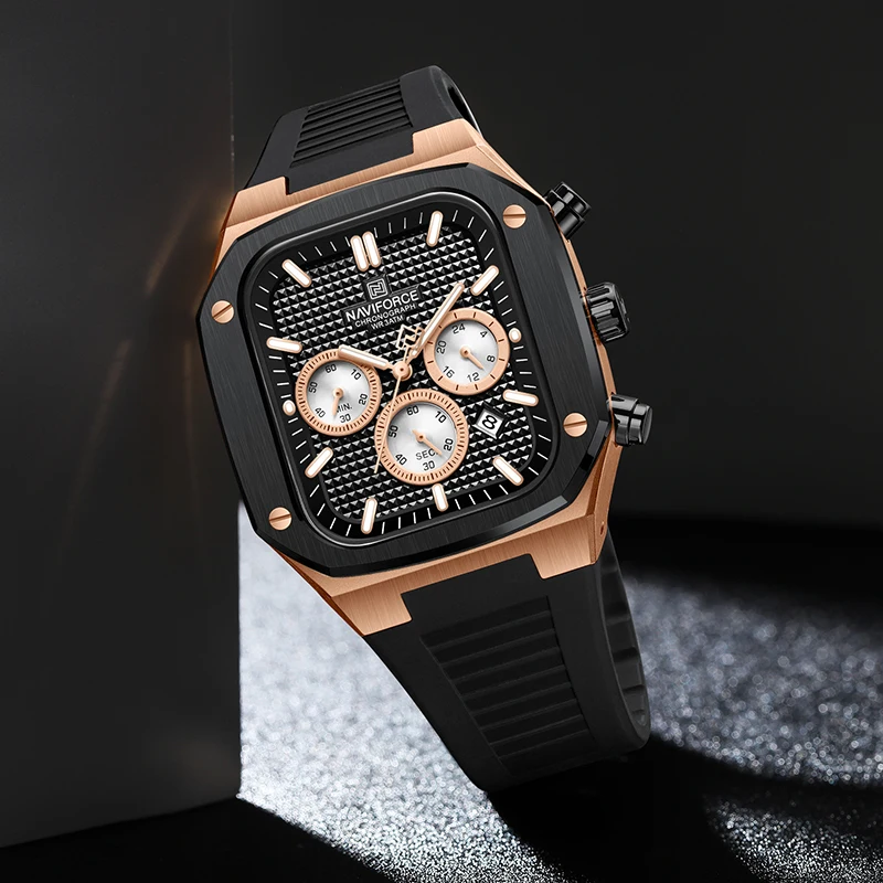 Naviforce New Chronograph Watches Men Square Dial Silicone Strap Waterproof Man Clock Quartz Calendar Luxury Male Wrist Watch, Alina Gadgets