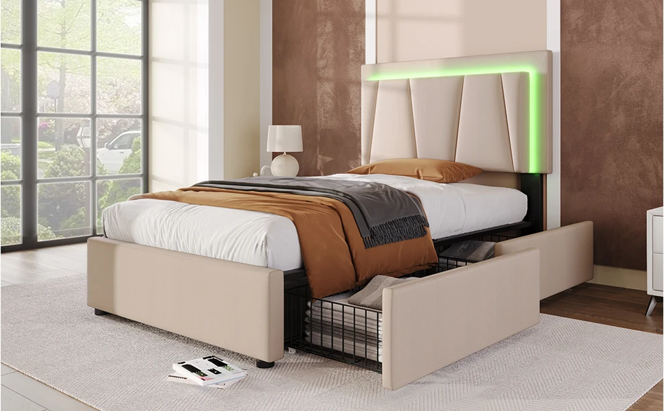 Gepolstertes Einzelbett 90x200cm mit LED-Beleuchtung, 2 Schubladen, verstellbarem Kopfteil, Holzlatten, beige (mit Matratze). – Detail 21