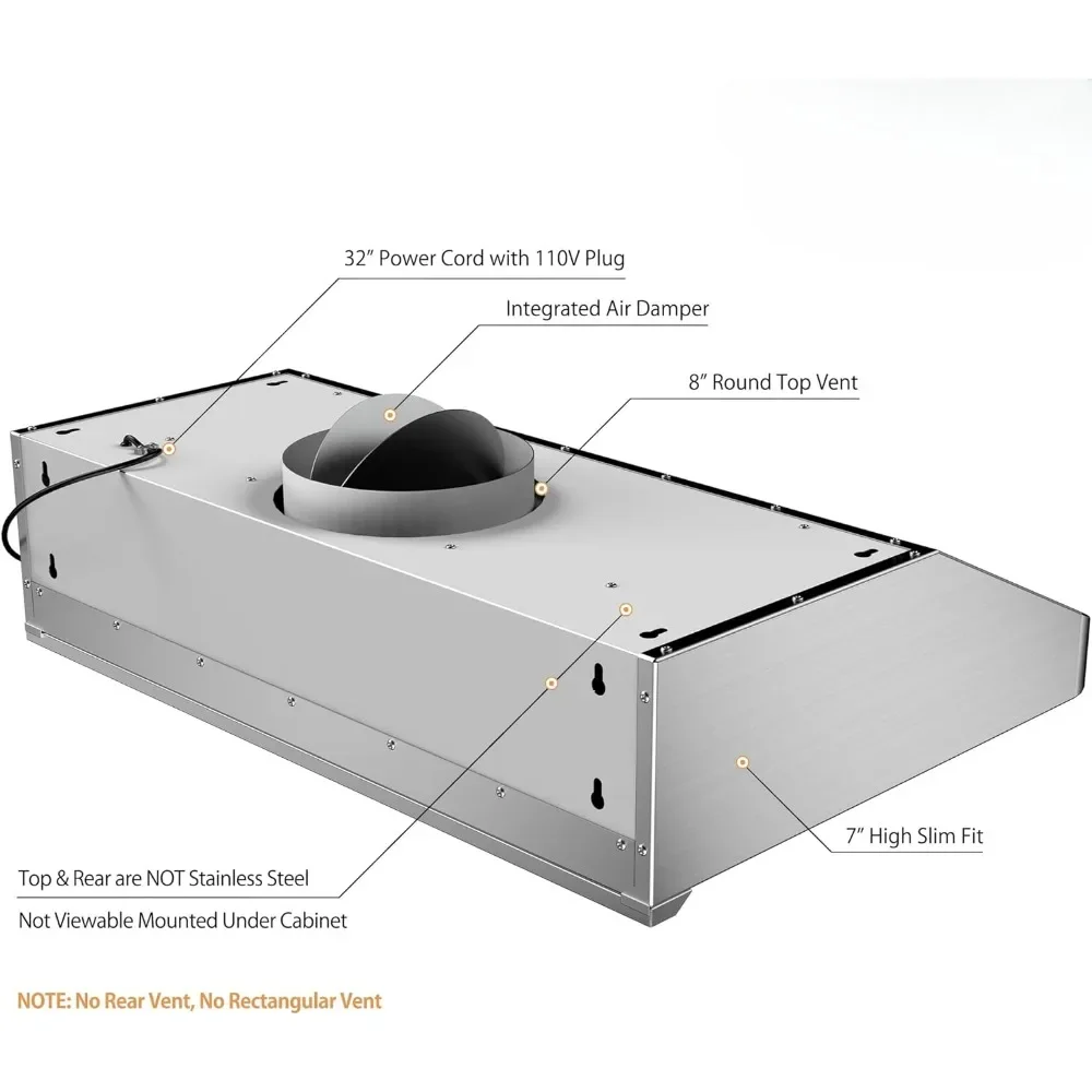 30 Inch Range Hood, 7” High Stainless Steel Under Cabinet Range Hood 4 Speeds, 8” Round Top Vent, 1000CFM 2 LED Lights 3