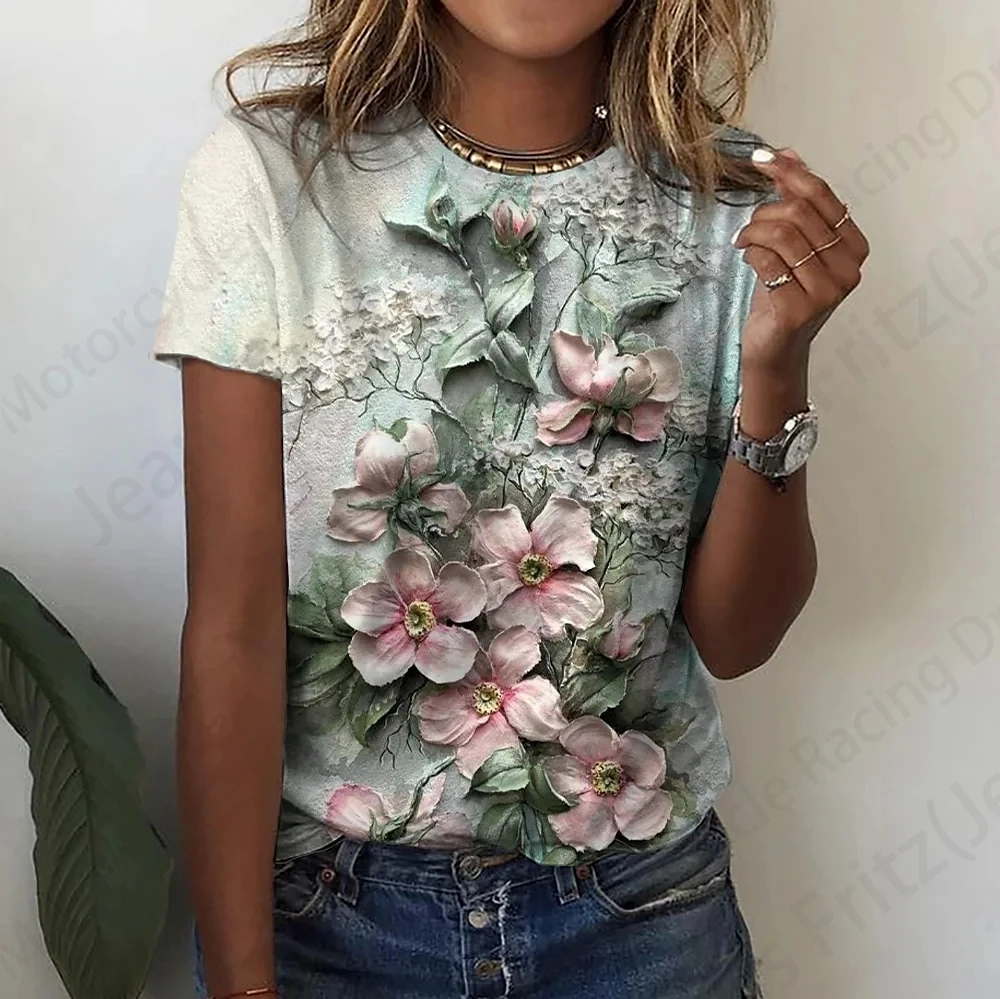 

Summer Vintage Women T-shirt 3d Floral Plants Print Tshirt Women Fashion T-shirt Flower Tops Tees Elegant Y2k Clothes Large Size