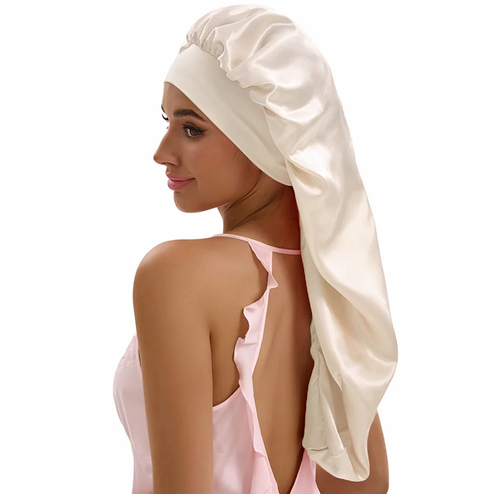 Damen Lange Satin-Schlafmütze - Extra Große Seiden-Haarabdeckung für Locken und Zöpfe, Elastische Breite Band-Nachtmütze – Detail 9