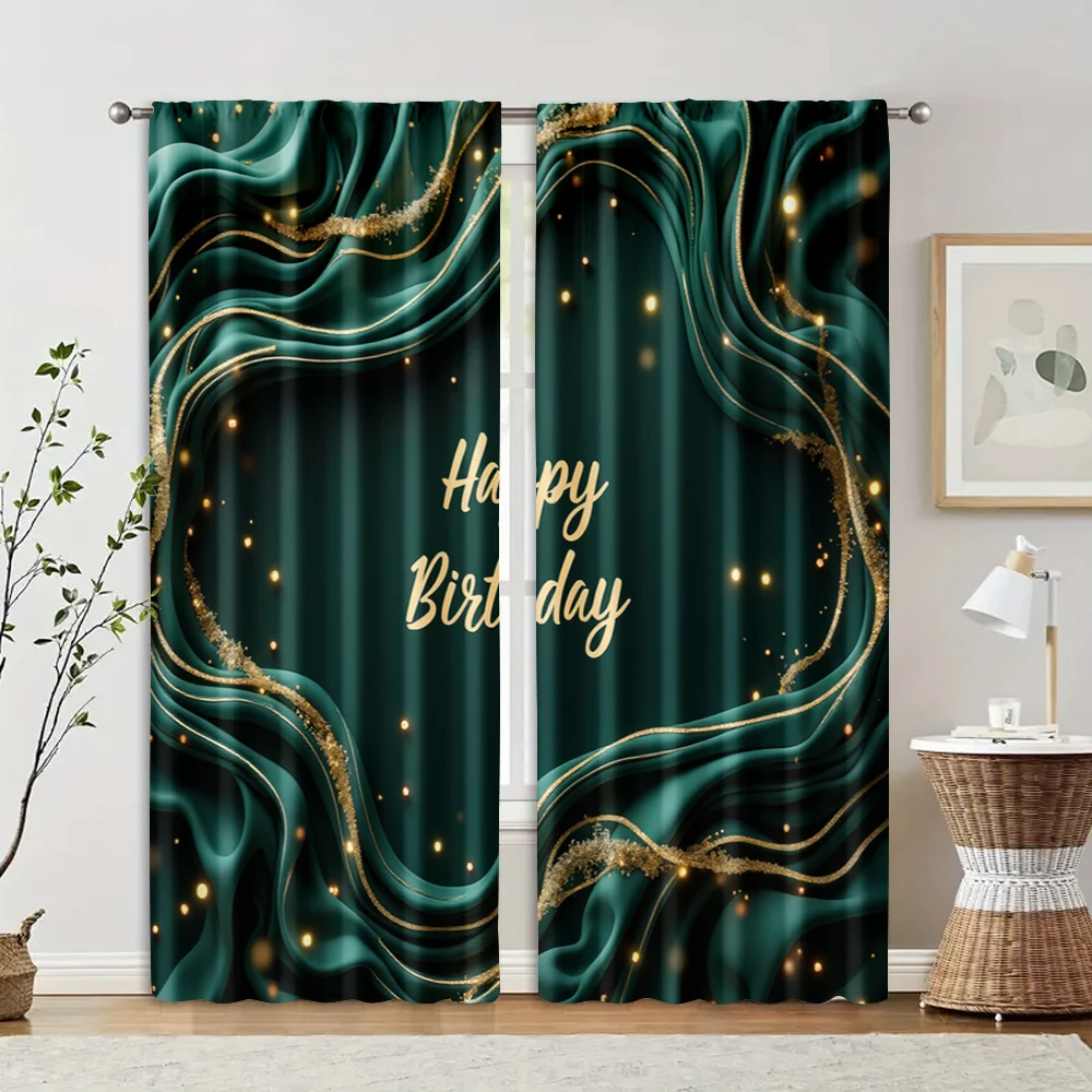 2pcs, Curtain Fabric 2D print Emerald Green & Golden Happy Birthday Machine Washable Fabric (without rod) Room Decor for Bedroom 2
