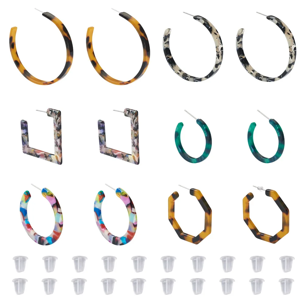 

6 Pairs Colorful Cellulose Acetate Resin Hoop Earrings Geometric Stud Earring For Women DIY Jewelry Accessories Birthday Gift