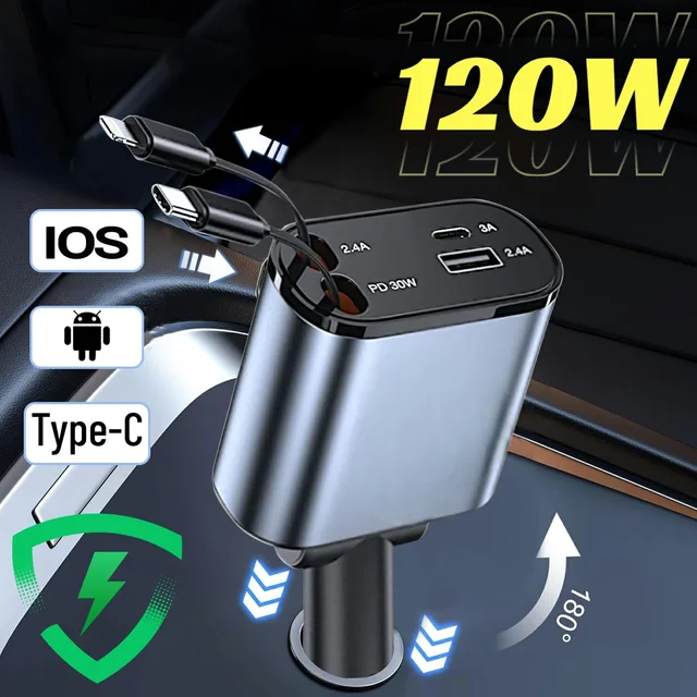 120w Retractable Car Charger Mobile Phone USB 12v PD Type C IN 1 Cable For iPhone Fast Charge Cord Cigarette Lighter QC Adapter