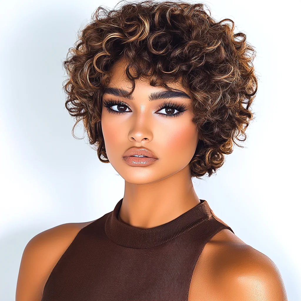 Black Peal Fluffy Pixie Cut Short Curly Human Hair Wigs with Bangs Machine Made Real Hair Wigs Pixie Cut Wig Human
