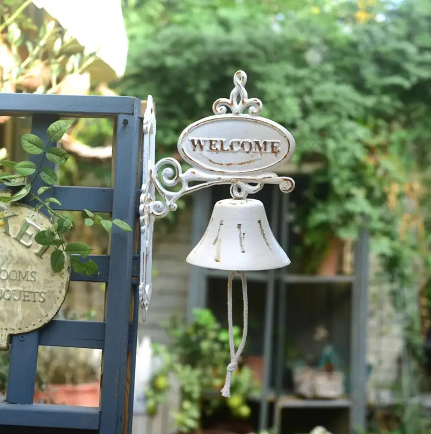 

Welcome Vintage White Cast Iron Dinner Bell, Entry Door Bell, Outside Hanging Decor or Indoor Decoration Wall Antique Farm