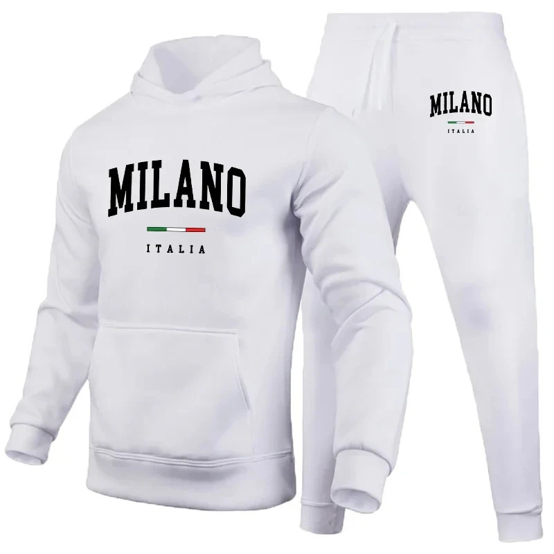 Men's Luxury Hoodie Set Milano Print Sweatshirt Sweatpant for Male Hooded Tops Jogging Trousers Suit Casual Streetwear Tracksuit 2