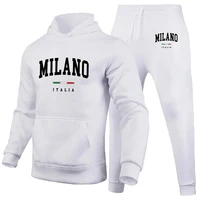 Men's Luxury Hoodie Set Milano Print Sweatshirt Sweatpant for Male Hooded Tops Jogging Trousers Suit Casual Streetwear Tracksuit 2
