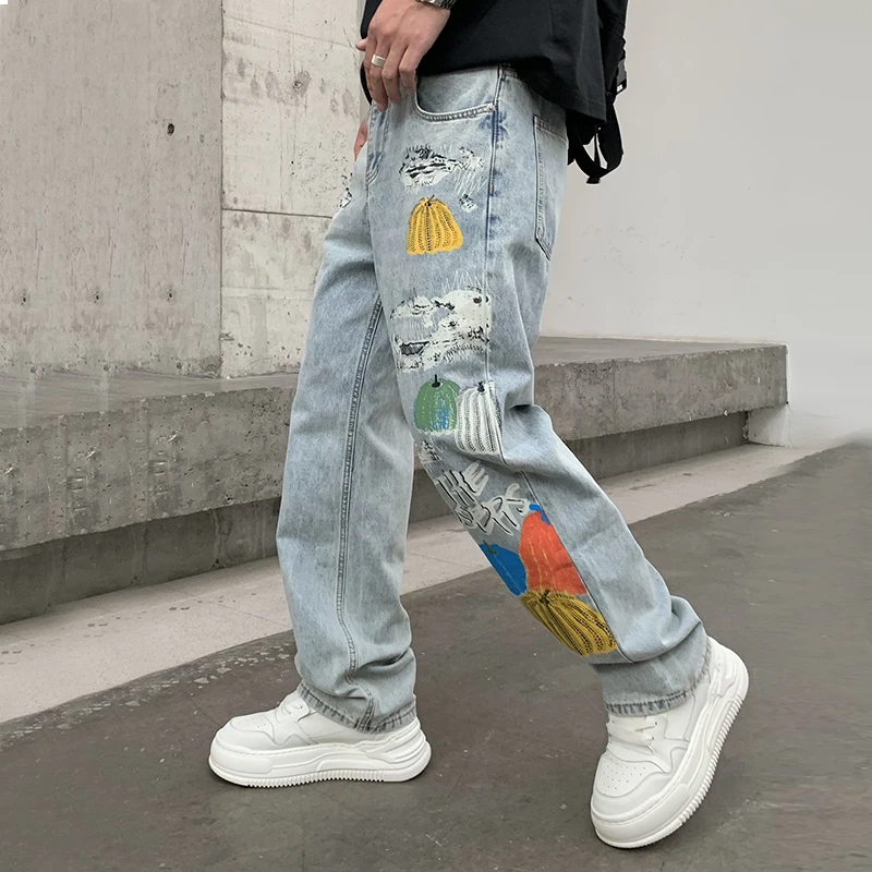 Fashionable high street new pumpkin printed men's jeans fashion brand design straight and versatile loose pants
