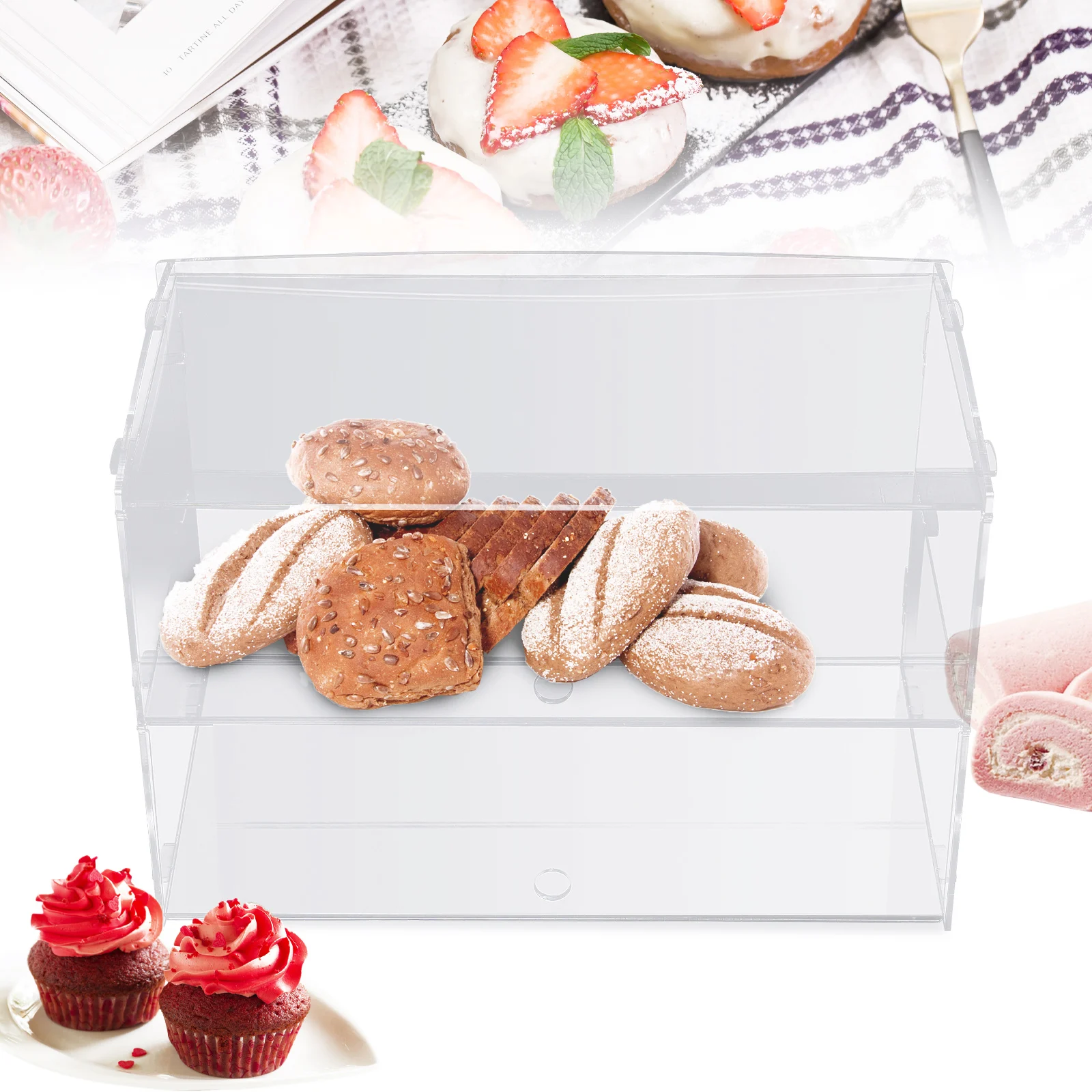 2 Tray Commercial Countertop Bakery Display Case with Front Door, Acrylic Display Case Pastry