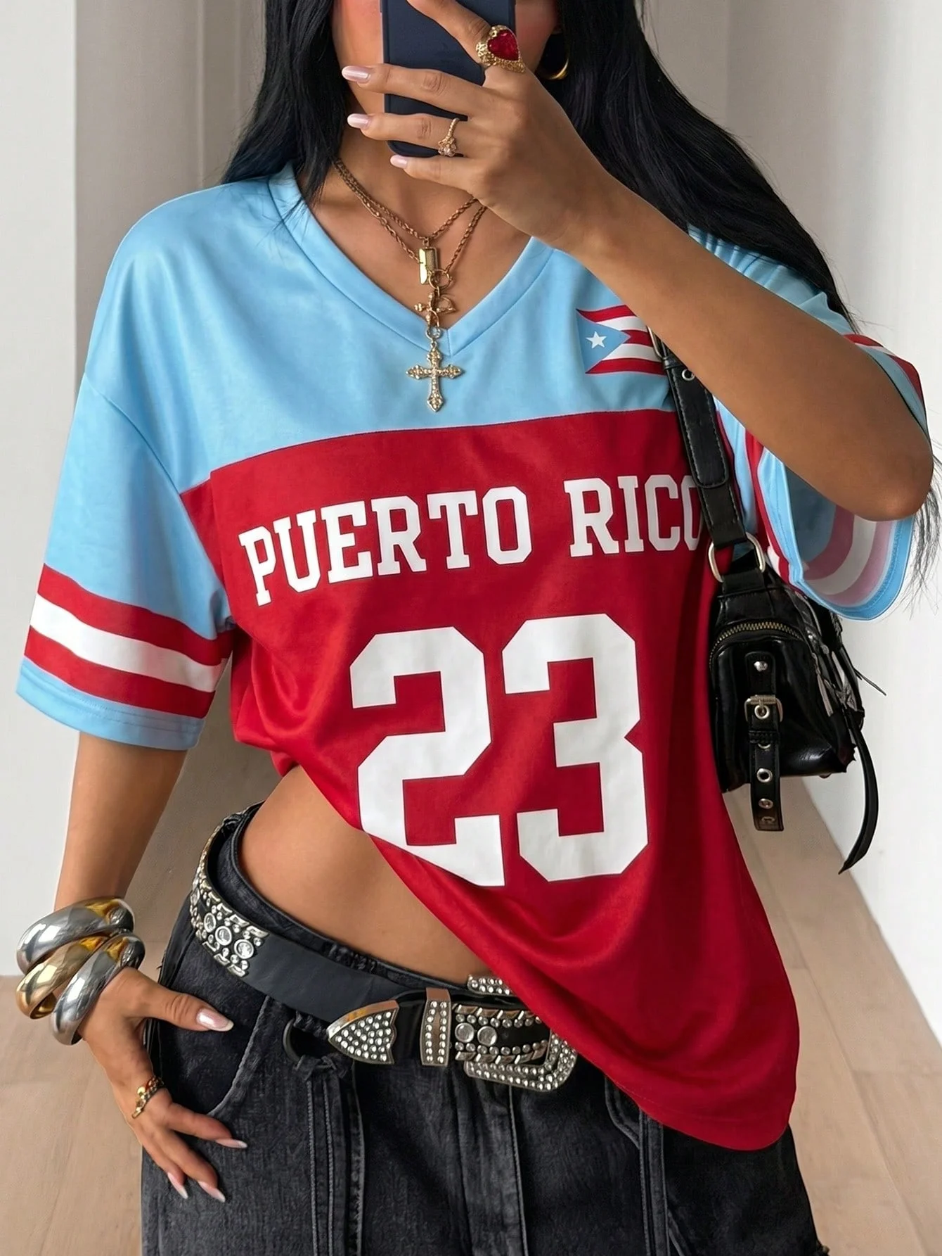 Rot-Blaues Retro Puerto Rico Style 23 Sport-Trikot T-Shirt Sommer Kurzarm Locker Sitzend Sportlich Stylisch Y2K Damen Oberteil Tee