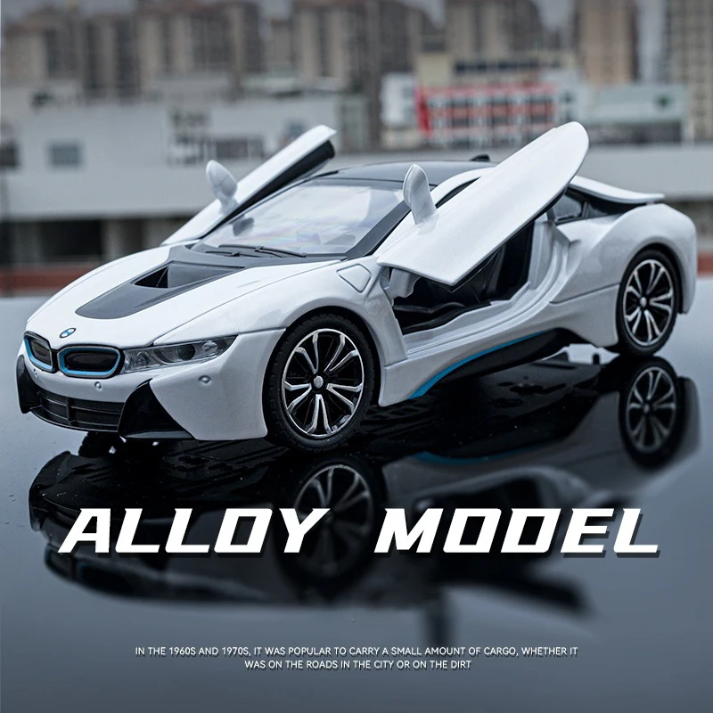 

1:24 автомобиль BMW I8 Supercar из сплава, литой и игрушечный автомобиль, модель автомобиля со звуком и фотомагнитом, автомобиль, игрушки, подарки