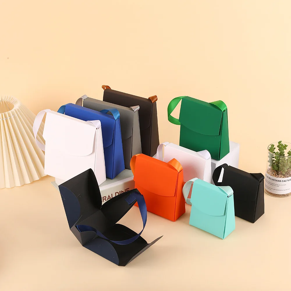 12pcs Folding Portable Solid Color Cardboard  Bags With Ribbon Handle For Wrapping Wedding Christmas Gift Tote Paper Bag Supplie