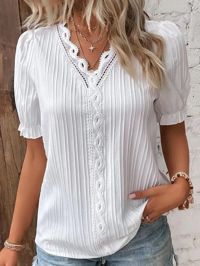 

2024 Top T-shirt Summer New Vacation Fashion Hollow Short Sleeve European and American Women's Shirt