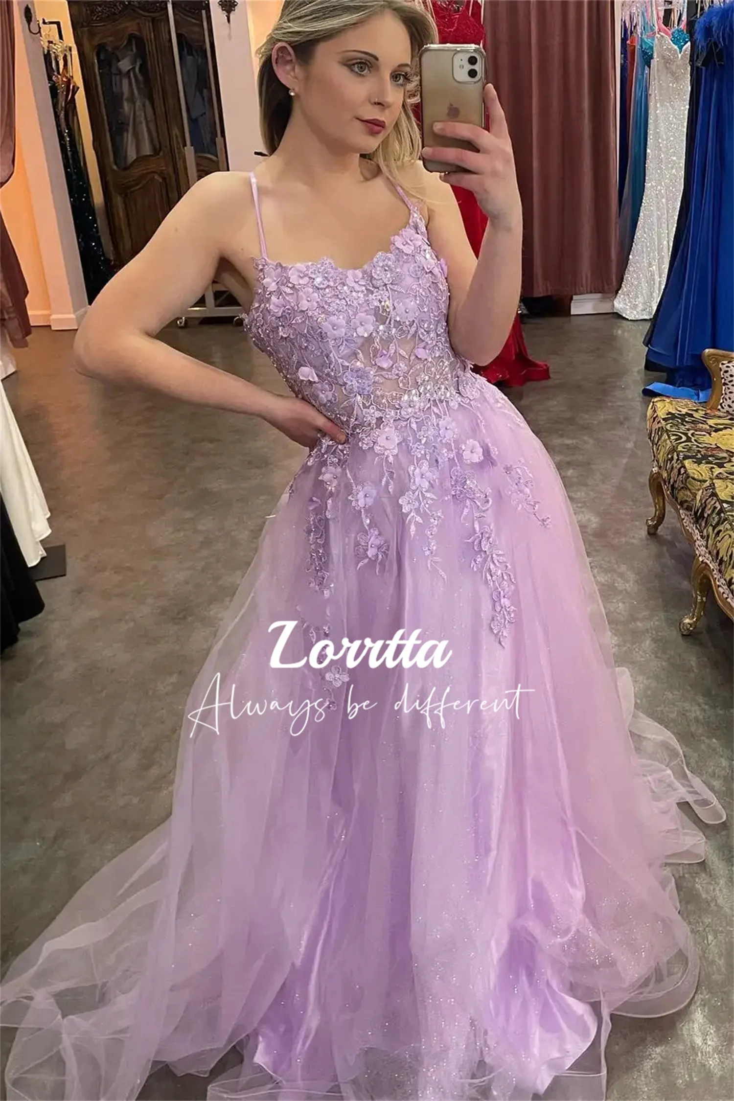 

Lorrtta Applique Tulle Lilac A-Line Spaghetti Straps Birthday Party Dress Women's Evening Prom Elegant Gala Formal Dresses Long