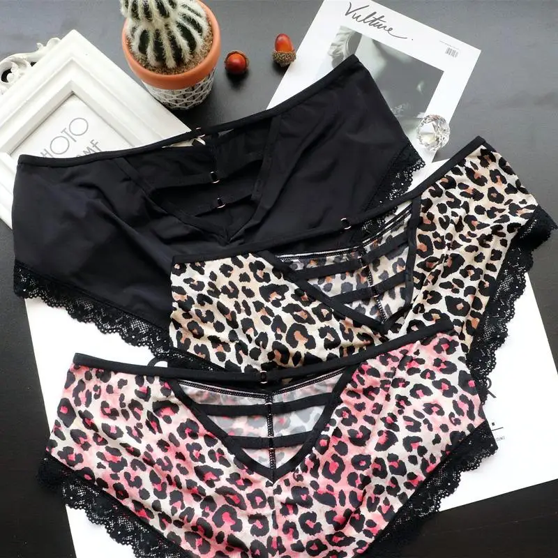 

Women's Nylon Panties Low-Waist Seamless Bow Lace Sexy Ladies Lace Ice Silk Leopard Print Briefs Women Breathable Underwear