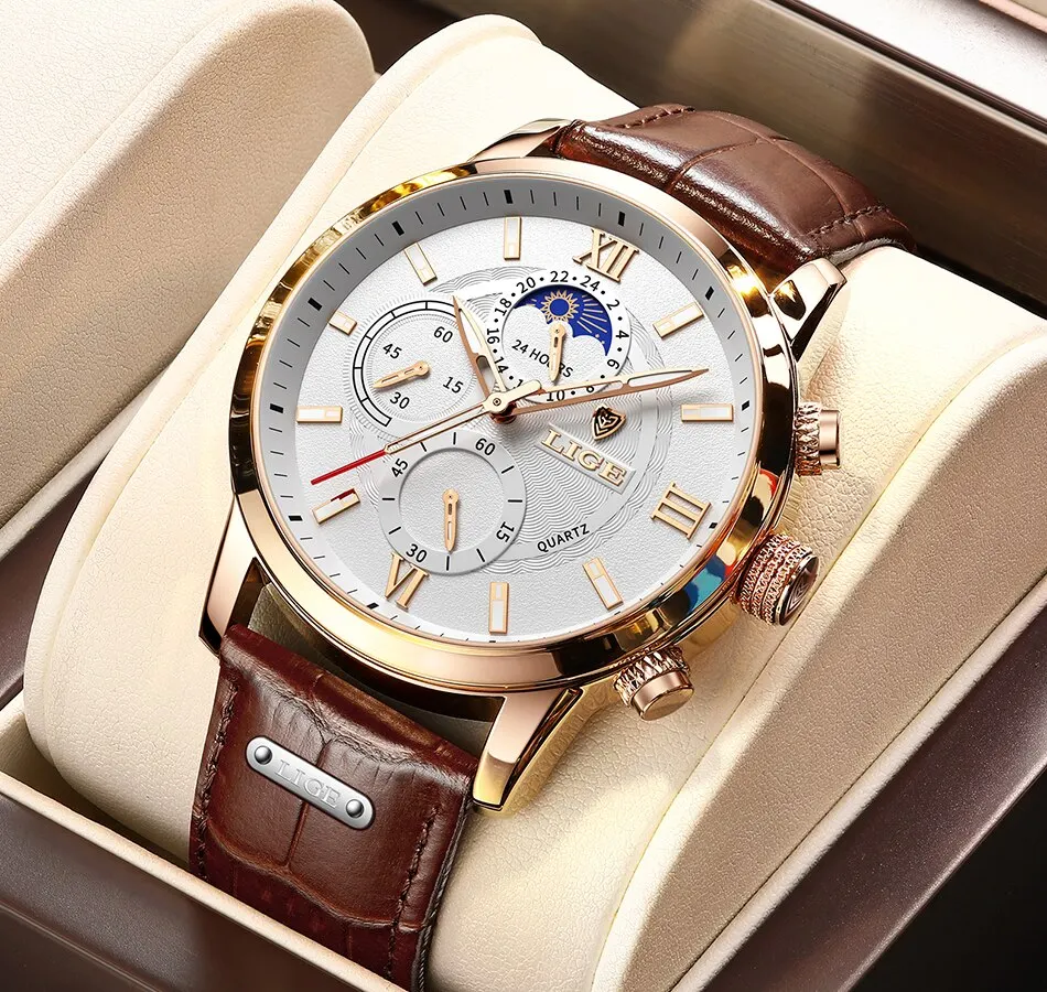 Lige Luxury Brown Leather Casual Quartz Wristwatch for Men | Diversi