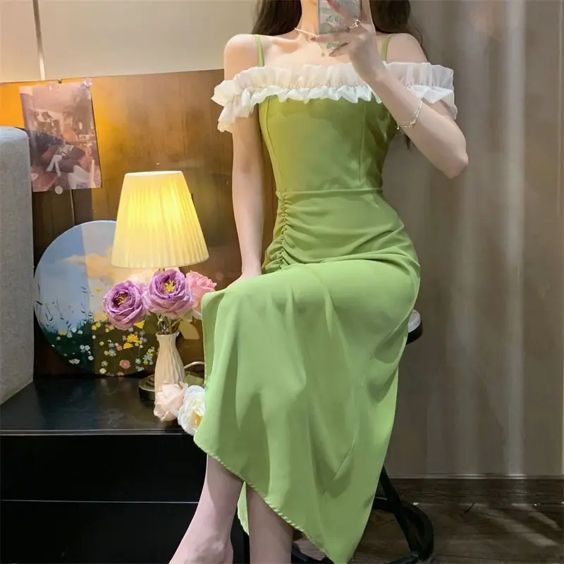 One-shoulder Suspender Green Dress for Women in Summer 2025 New French Gentle Temperament Slim Slit Skirt 3