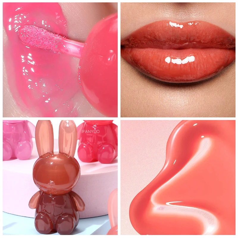 Watery Crystal Clear Jelly Rabbit Lip Gloss Long-lasting Moisturizing Smooth Shimmering Lip Hydrating Liquid Fruit Tint