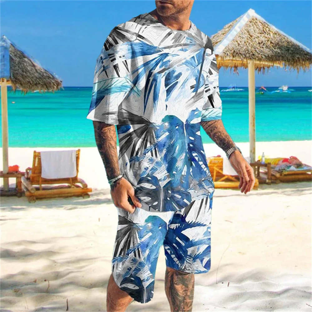 Summer Hawaiian Men's  Sports Suit 3D Printed 2 Pieces T-shirt/Shorts Casual Trend  Beach Vacation Coconut Tree Element Clothing