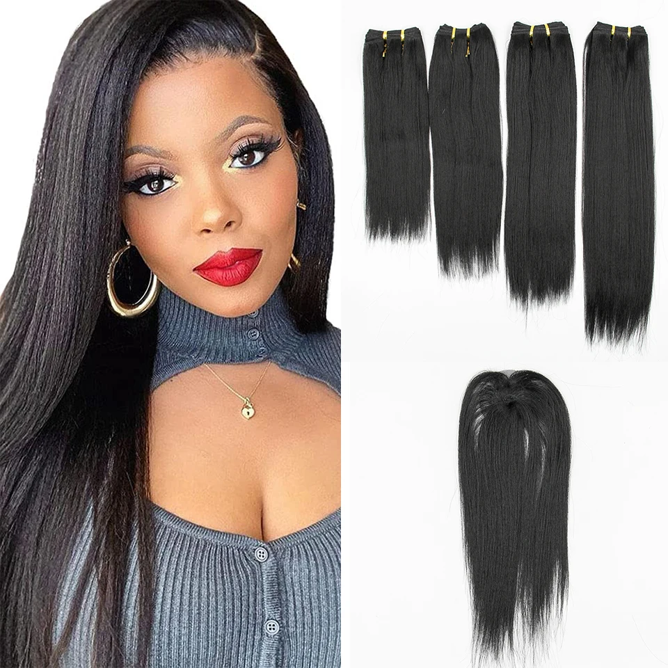 Yaki Straight 4 Bundles With Closure Synthetic Wigs Hair Extensions Two Tone Black to Blonde Synthetic Hair Heat Resistant Fiber