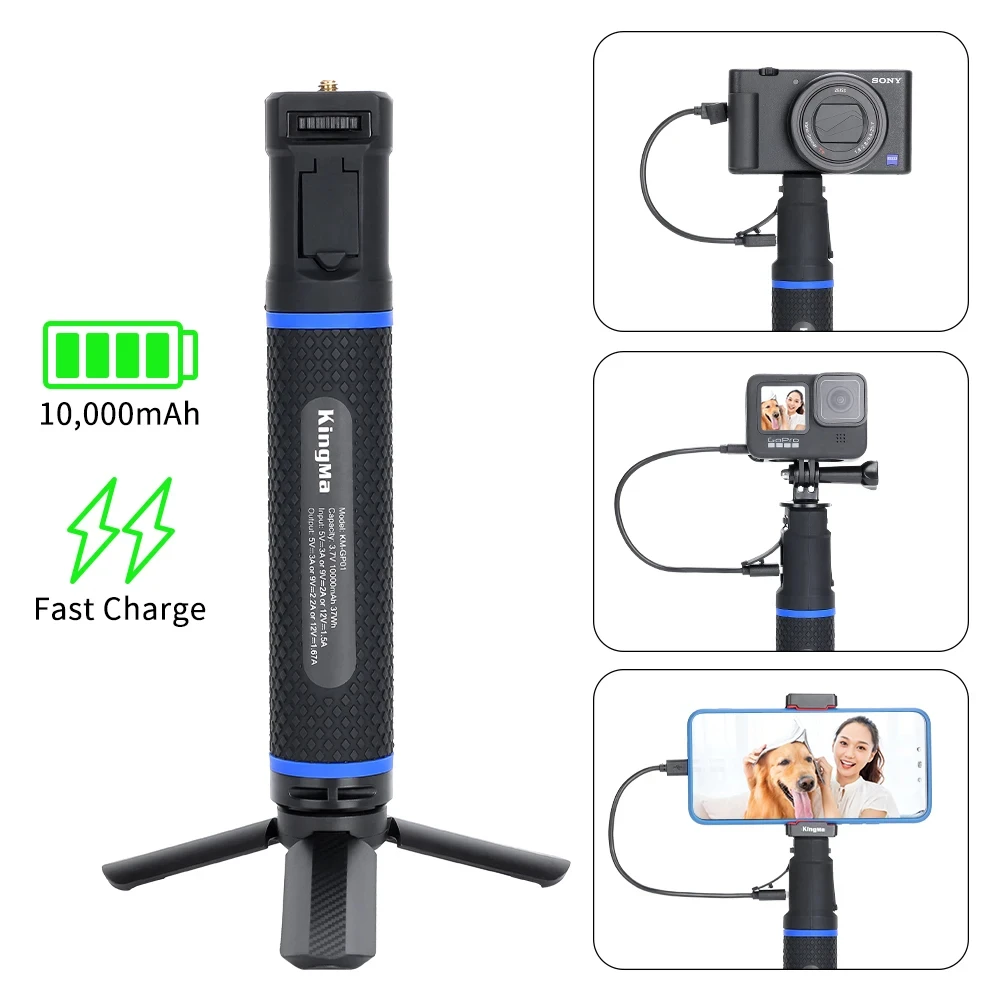 

KingMa 10000mAh Power Bank Battery Hand Grip Selfie Stick for GoPro hero 10 9 8 7 6 5 Phone DSLR Camera Charging Tripod Stand