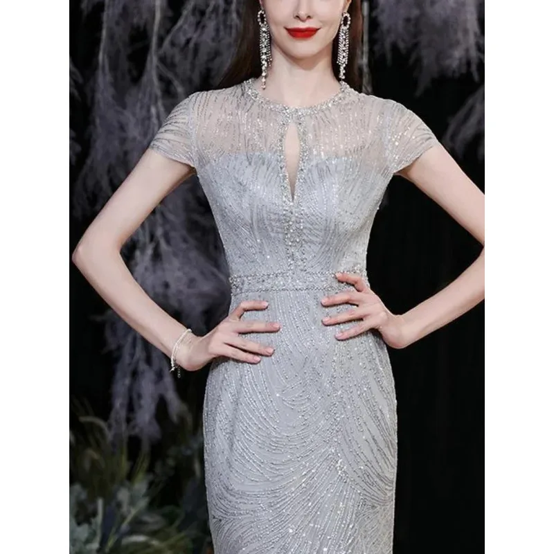 O-neck Sequined Slim Evening Dresses Fit Simple Sleeveless Wedding Party Vestidos stylish Elegant Prom Dress Banquet