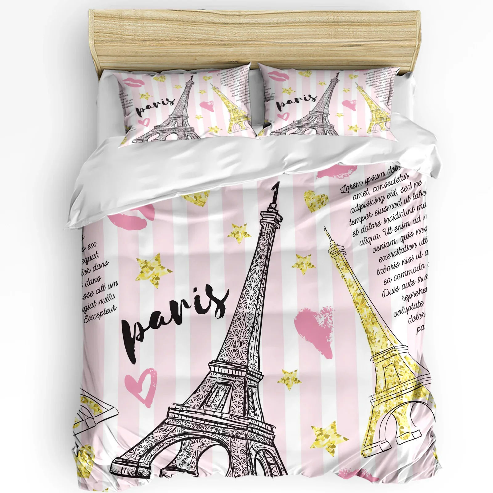 

Pink Stripes Eiffel Tower Lips Golden Stars 3pcs Bedding Set For Double Bed Home Textile Duvet Cover Quilt Cover Pillowcase