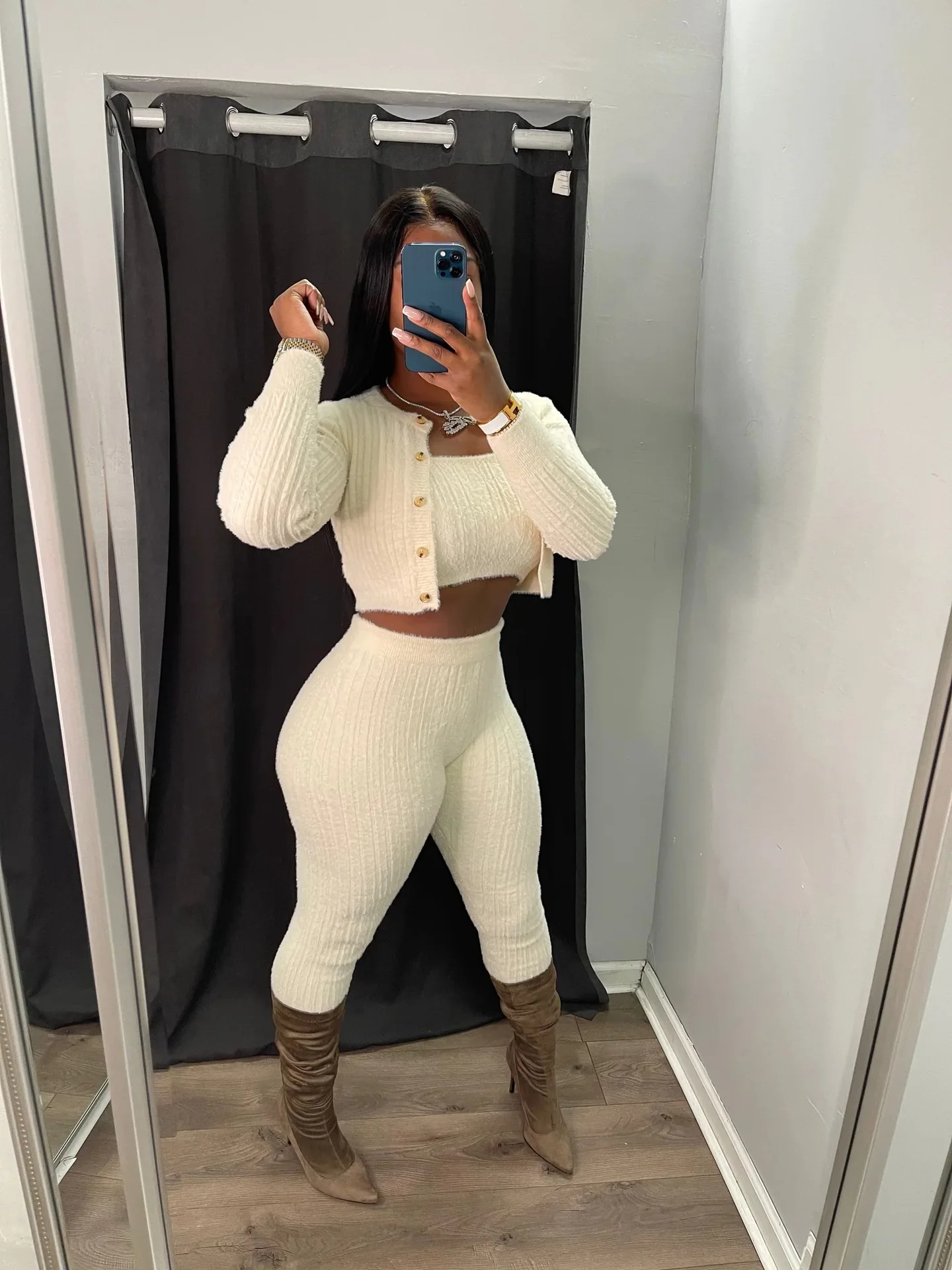 

Fall Winter Lounge Wear Knitted 3 Piece Set Women Casual Button Short Jacket Tube Crop Top Pencil Pants Night Club Oufits Suits