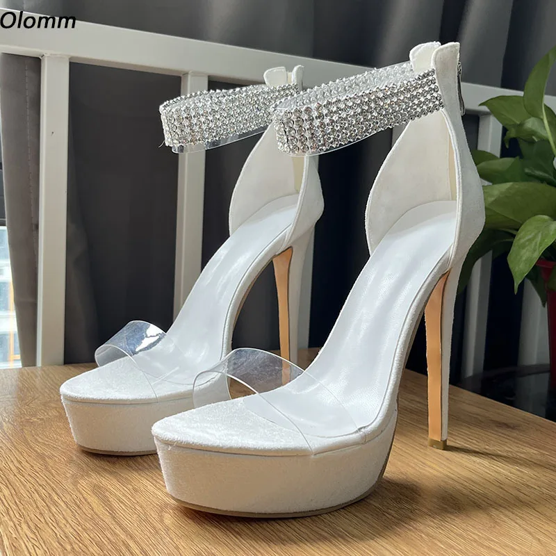 

Olomm New Women Platform Sandals Sexy Crystal Stiletto Heels Round Toe Fabulous White Party Shoes Ladies US Plus Size 5-20