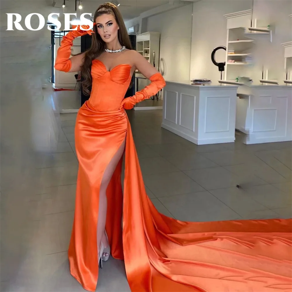 

ROSES Orange Evening Dress Sweetheart Trumpet Party Dress With Pleats Satin Off The Shoulder 프롬드레스 High Side Slit Prom Dresses