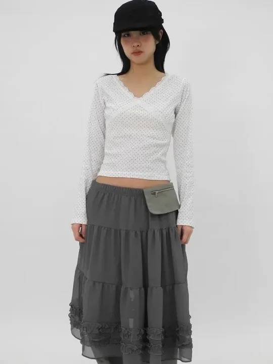 Chic Summer New Pure Color High-End Gauze Skirt f-length See-tough Bordered Musoom Lace Japanese Sle Casual Wear