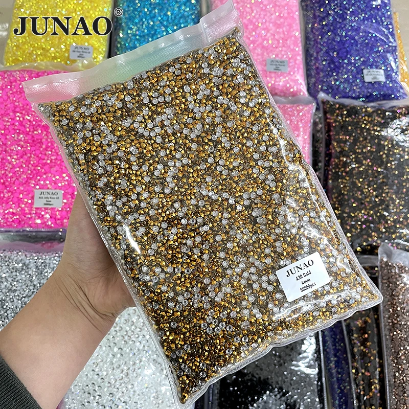 

JUNAO 2 3 4 5 6 mm Gold Color Resin Rhinestones In Bulk Nail Crystal Stones Non Hotfix Round Strass For Wedding Dress