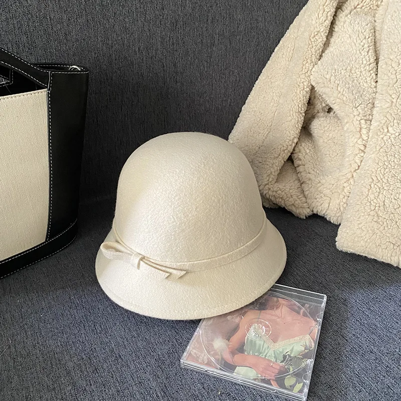 2024 Autumn Spring Fedoras Women Hat Elegant Vintage Bowknot Wool Ladies Hat Dome Felt Wedding Church Jazz Cap Female Bow Bowler