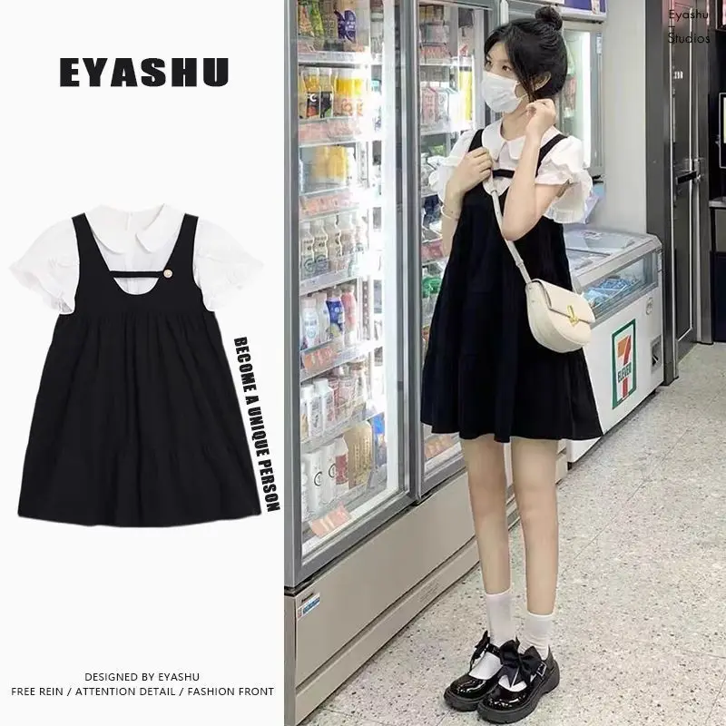 

Summer New Womens Black White College Style Sweet Fake Two Piece Dress Girl Fashion Doll Neck A-line Short Skirt Women Dresses