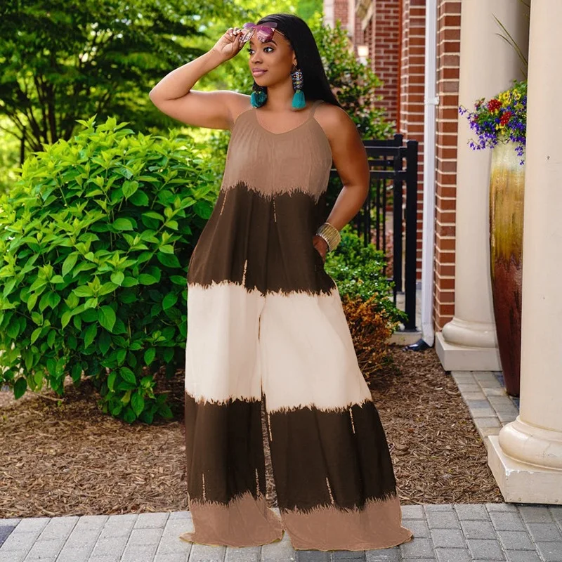 Plus Size Women Jumpsuit Sleeveless Tie Dye One Piece Outfits 2022 Summer Casual Lady Luxury Cloth Fashion Club Wide Leg Pants
