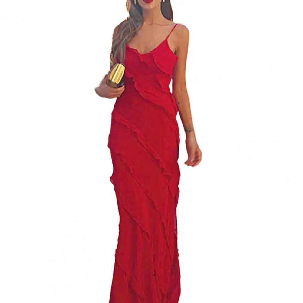 

Evening Dress Low-cut V Neck Spaghett Strap Split Hem Patchwork Slim Fit Floor Length Solid Color Cocktail Prom Party Maxi Dress