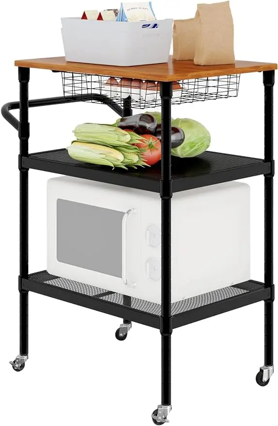 

SEDEGN Kitchen Cart on Wheels with Storage, Microwave Cart with Basket Drawer, 3-Tier Mobile Kitchen Island with Oak Wood