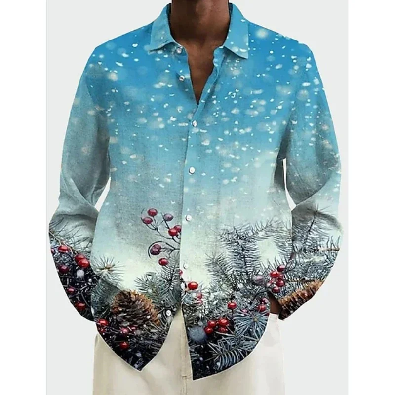Christmas Shirts For Men Fashion Loose Lapel Button-Down Shirt 3d Santa Claus Graphic Long Sleeve Print T-Shirts Oversized Tops 4