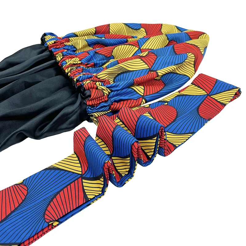 New African Ankara Pattern Satin Linned Bonnet Women Long Ribbon Headwrap Double Layer Headscarf Big Size Adult Hair Cover 5