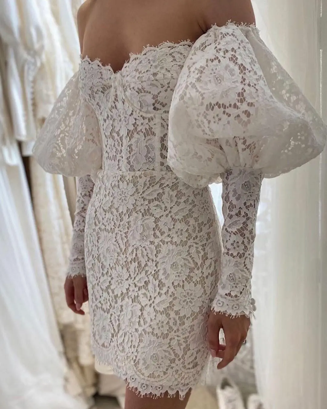 

Short Sheath Lace Wedding Dresses With Detachable Skirt Puff Long Sleeves Off Shoulder Beach Bridal Gown Corset Ivory Bride Wear