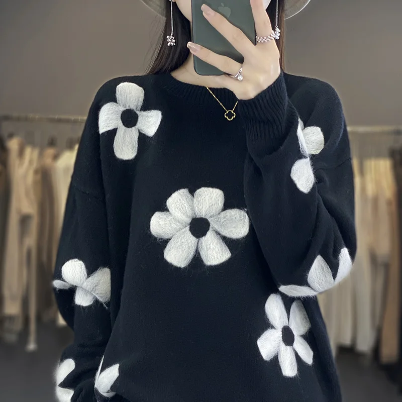 

100% Wool Sweater Women's Round Neck Knitted Long Sleeve Loose Bottom Top 2023 Autumn/Winter New Fashion Coat Sweater Pullover