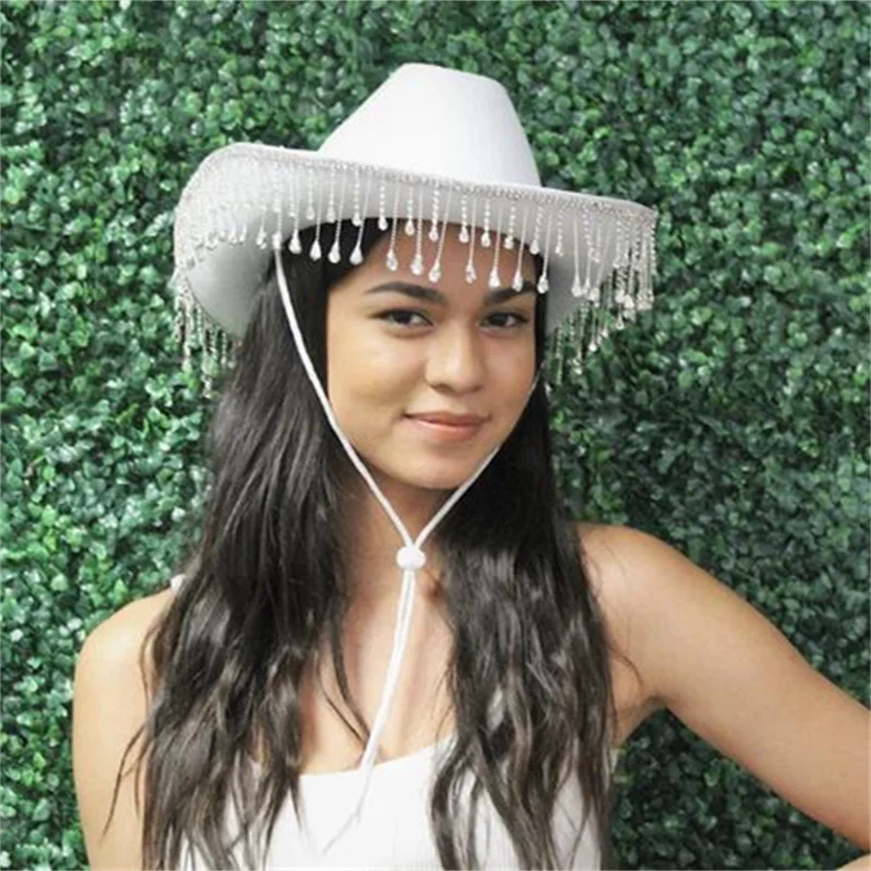 CHRONSTYLE Rhinestones Tassels Cowboy Hat Party E-girls Casual Outwear Feather Patchwork Caps Vintage Elegant Hats Clubwear,cowboy hats